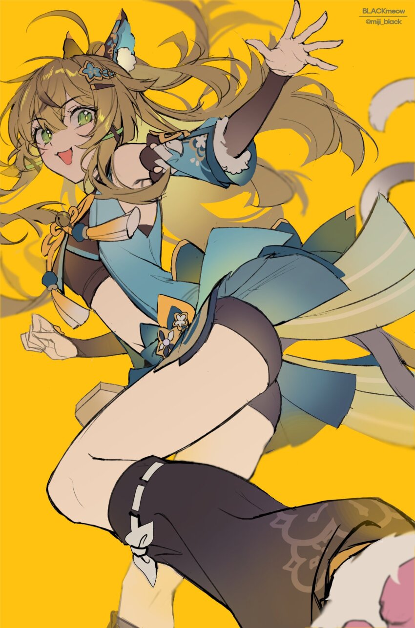 1girl, animal_ears, black_socks, genshin_impact, green_eyes, highres, kirara_(genshin_impact), miji_black, socks, solo, yellow_background