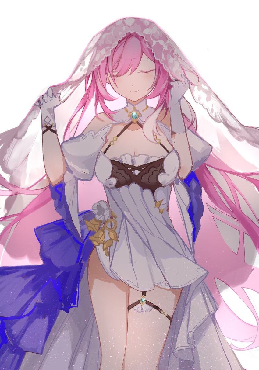 1girl, annnnq, breasts, cleavage, closed_eyes, dress, elysia_(herrscher_of_human:_ego)_(honkai_impact), elysia_(honkai_impact)