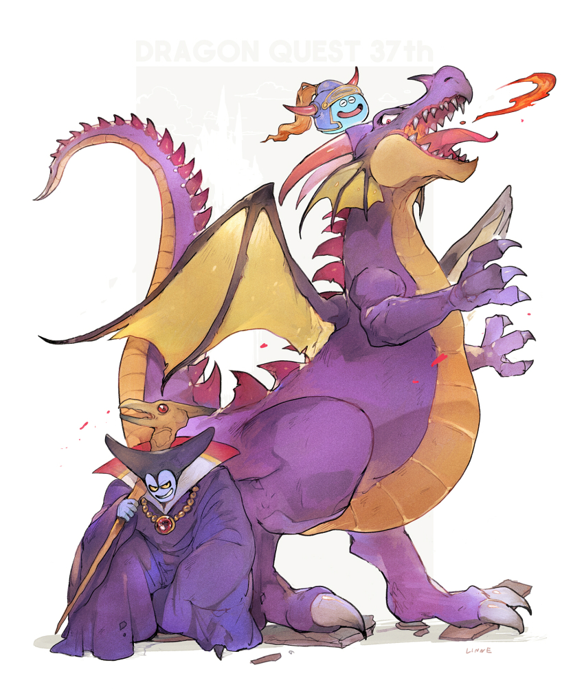 1980s_(style), 2boys, anniversary, blue_headwear, blue_skin, breath_weapon, colored_skin, commentary_request