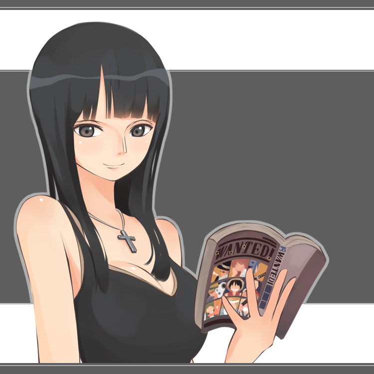 1girl, bare_arms, black_eyes, black_hair, blunt_bangs, book, border, bowler_hat, bran, breasts, chikachan, cleavage, cross, cross_necklace, female_focus, flare_(monsters), fourth_wall, gil_bastar, grey_background, grey_border, grey_outline, gukou, gun, hair_over_shoulder, hat, holding, holding_book, holding_manga, ikki_yako, jewelry, large_breasts, long_hair, looking_at_viewer, lowres, manga_(object), matching_hair/eyes, meta, monkey_d._luffy, necklace, nico_robin, nose, one_piece, open_book, outline, portrait, reading, ryuuma_(one_piece), smile, solo, tsurime, two-tone_background, wanted!, weapon, white_background