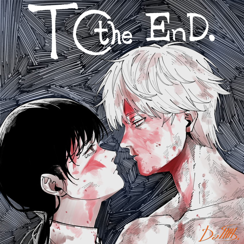 1boy, 1girl, absurdres, blood, blood_on_clothes, blood_on_face, chainsaw_man, chinese_commentary