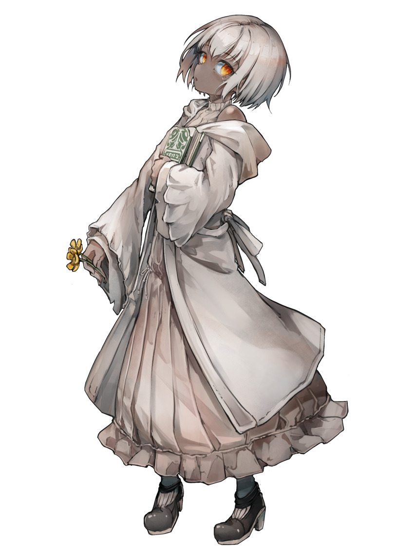 1girl, book, brown_skirt, clara_lindvall, dairoku_ryouhei, dark-skinned_female, dark_skin, flower, high_heels, highres, holding, holding_book, holding_flower, kajaneko, looking_at_viewer, orange_eyes, ribbed_shirt, robe, shirt, shoes, short_hair, skirt, solo, white_hair, white_robe