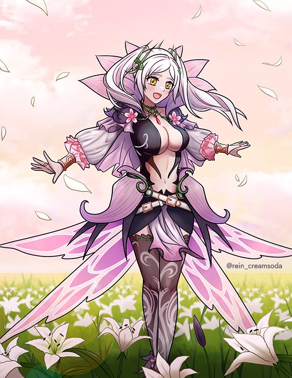 1girl, :d, aversa_(fire_emblem), aversa_(fire_emblem)_(cosplay), aversa_(resplendent)_(fire_emblem), breasts, bridal_gauntlets, center_opening, cleavage, cosplay, falling_petals, female_robin_(fire_emblem), fire_emblem, fire_emblem_awakening, fire_emblem_heroes, flower, full_body, grass, grey_hair, large_breasts, long_hair, long_sleeves, navel, nintendo, open_mouth, petals, pink_background, rein_creamsoda, smile, solo, thighhighs, twintails, twitter_username, white_hair, yellow_eyes, zettai_ryouiki