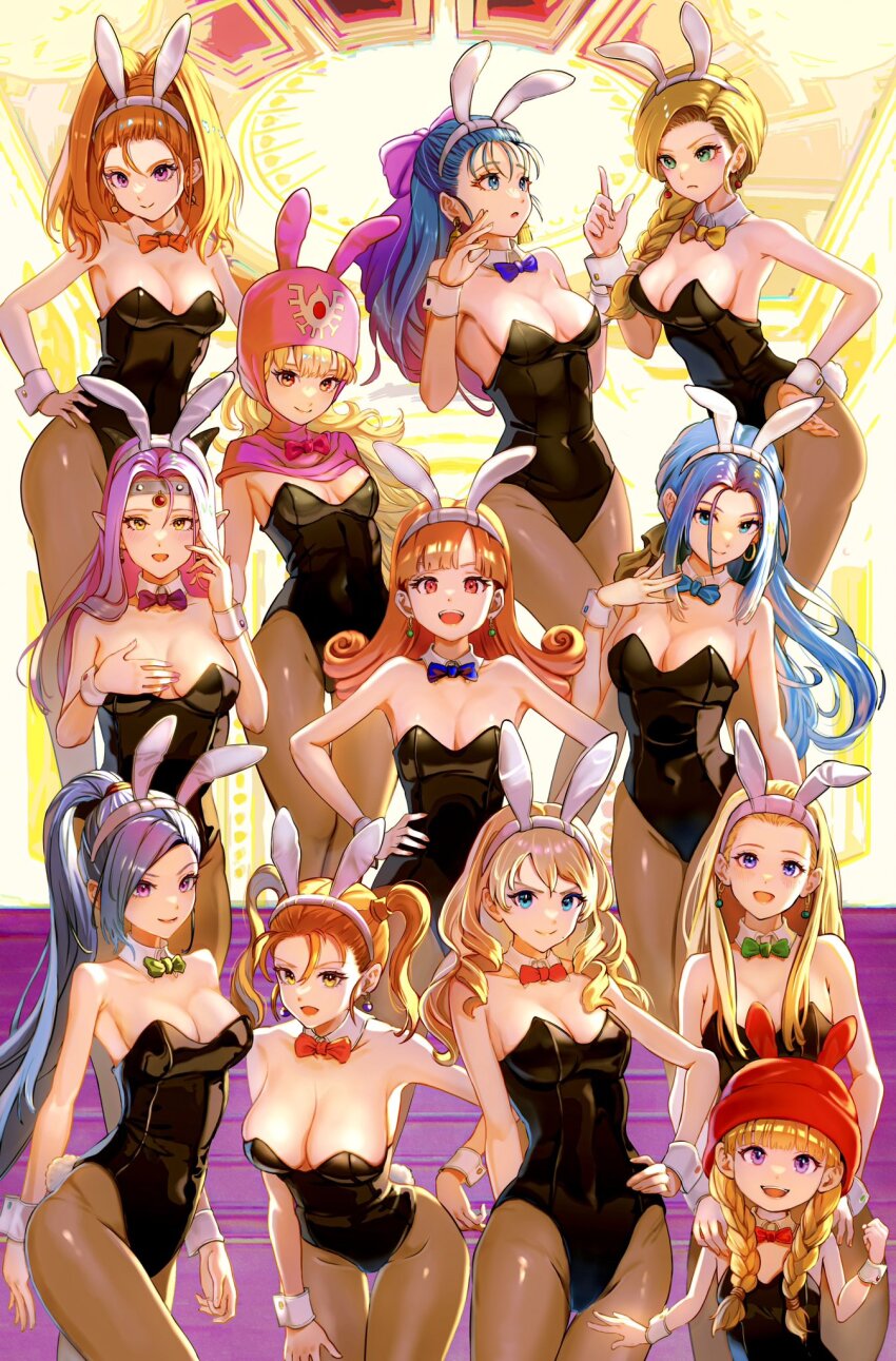 1980s_(style), 6+girls, alena_(dq4), animal_ears, anlucea, barbara_(dq6), bare_shoulders, bent_over, bianca_(dq5), black_hair, black_leotard, blonde_hair, blue_bow, blue_bowtie, blue_eyes, blue_hair, blunt_bangs, bow, bowtie, braid, breasts, cleavage, closed_mouth, collarbone, commentary_request, cowboy_shot, curly_hair, detached_collar, dragon_quest, dragon_quest_ii, dragon_quest_iv, dragon_quest_ix, dragon_quest_v, dragon_quest_vi, dragon_quest_viii, dragon_quest_x, dragon_quest_xi, earrings, estella_(dq10), fake_animal_ears, flat_chest, flora_(dq5), green_bow, green_bowtie, green_eyes, hair_behind_ear, hair_bow, hair_over_shoulder, hair_pulled_back, hairband, half_updo, hand_on_own_chest, hand_on_own_hip, hand_up, hands_on_another's_shoulders, hat, headpiece, high_ponytail, highres, hood, horns, huge_bow, index_finger_raised, jessica_albert, jewelry, large_breasts, leotard, light_blush, long_hair, looking_at_another, looking_at_viewer, martina_(dq11), medium_breasts, mole, mole_under_mouth, multiple_girls, numao_sub, oldschool, open_mouth, orange_bow, orange_bowtie, orange_eyes, orange_hair, orange_nails, pantyhose, parted_bangs, parted_lips, pink_bow, pink_eyes, pink_hair, pink_headwear, pink_hood, pink_nails, playboy_bunny, pointy_ears, ponytail, princess_of_moonbrook, purple_bow, purple_bowtie, purple_eyes, rabbit_ears, red_bow, red_bowtie, red_eyes, red_headwear, retro_artstyle, ruida, senya_(dq11), siblings, single_braid, sisters, small_breasts, smile, standing, swept_bangs, twin_braids, twins, twintails, veronica_(dq11), white_hairband, wrist_cuffs, yellow_bow, yellow_bowtie, yellow_eyes