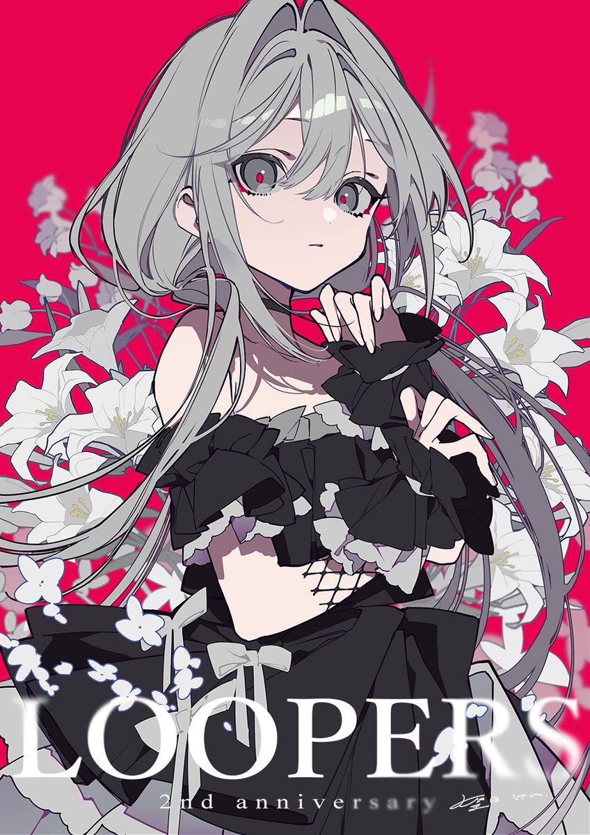 1girl, black_dress, black_wrist_cuffs, dress, flower, fujikawa_mia, goth_fashion, grey_eyes