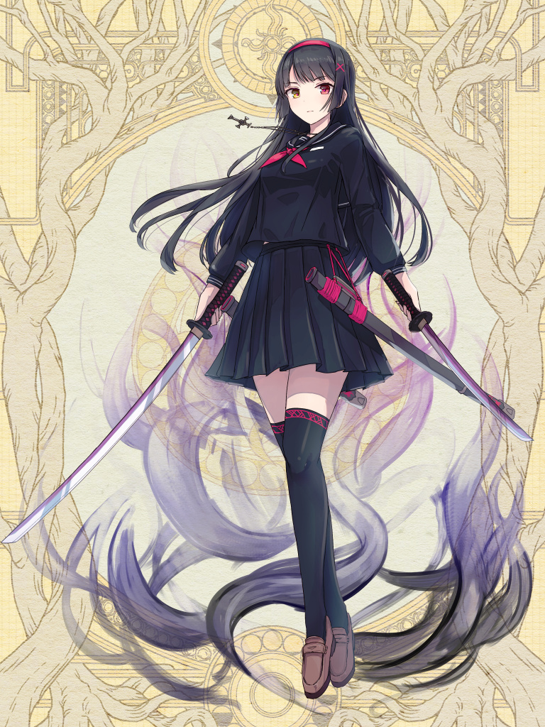 1girl, black_serafuku, black_shirt, black_skirt, black_thighhighs, brown_footwear, cross, cross_necklace