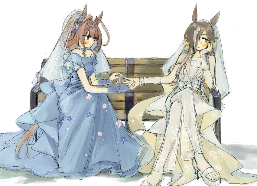 2girls, animal_ears, antenna_hair, averting_eyes, bare_shoulders, bench, blue_dress, blue_gloves