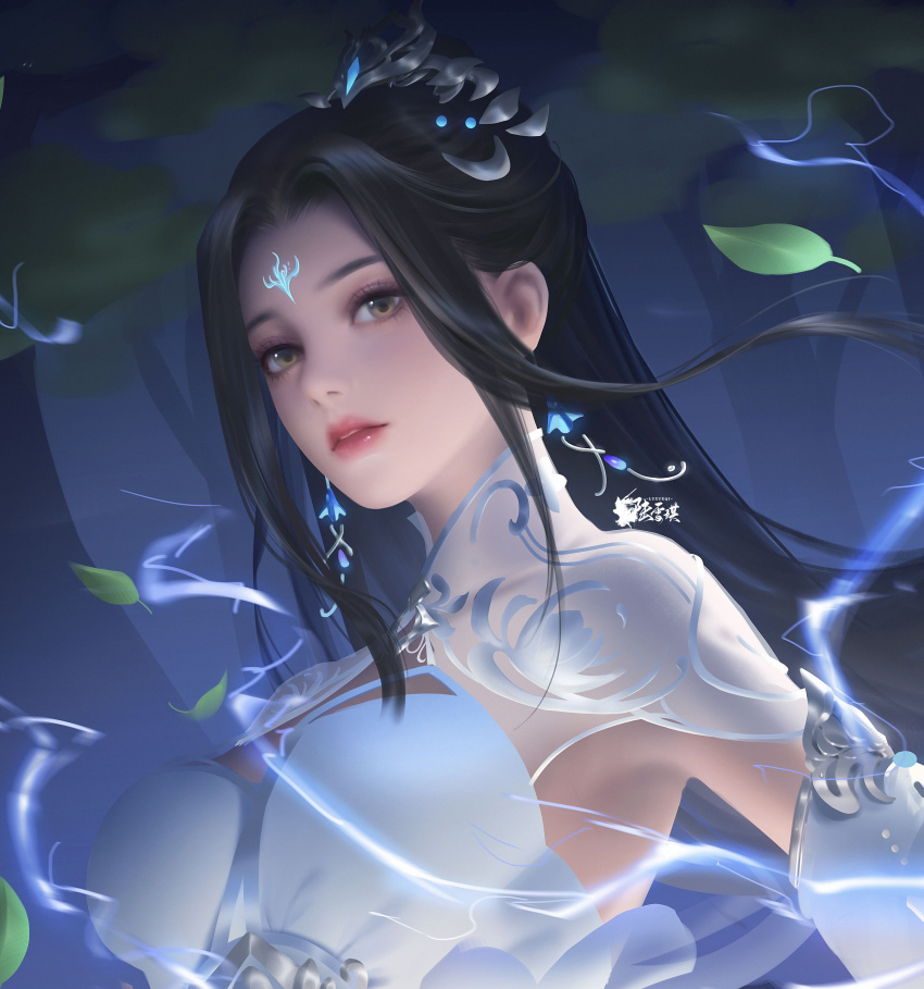 1girl, absurdres, armpits, black_hair, breasts, brown_eyes, da_pang_banbiantian, detached_sleeves, dress, earrings, expressionless, falling_leaves, highres, jewelry, leaf, lightning, long_hair, lu_xueqi_(zhu_xian), medium_breasts, parted_lips, second-party_source, solo, tiara, upper_body, white_dress, zhu_xian