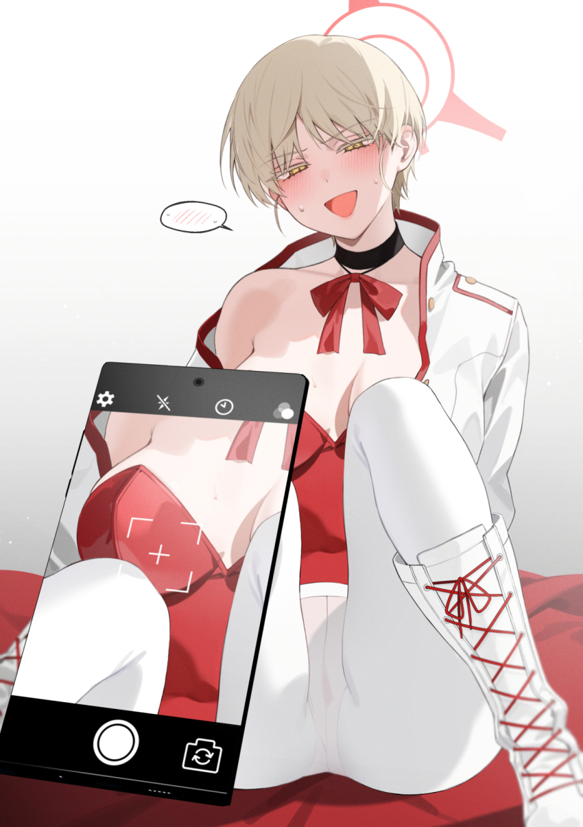 1girl, bechu, black_choker, blonde_hair, blue_archive, blush, boots, breasts, cellphone, choker, halo, highres, jacket, lace-up_boots, large_breasts, leotard, looking_at_viewer, marina_(blue_archive), open_clothes, open_jacket, open_mouth, pantyhose, phone, red_leotard, short_hair, simple_background, smartphone, spoken_blush, spoken_sweat, spread_legs, taking_picture, white_footwear, white_pantyhose, yellow_eyes