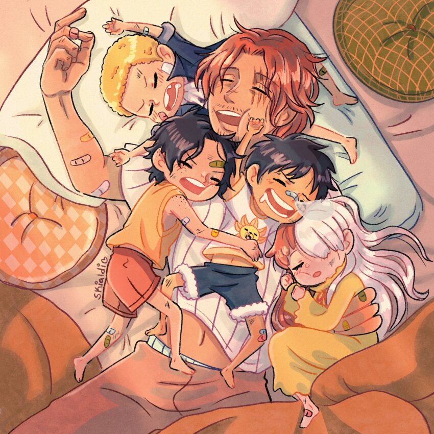 1girl, 4boys, aged_down, artist_name, black_hair, blonde_hair, closed_eyes, facial_hair, freckles, full_body, hair_over_one_eye, highres, long_hair, lying, monkey_d._luffy, multicolored_hair, multiple_boys, one_piece, one_piece_film:_red, open_mouth, portgas_d._ace, red_hair, sabo_(one_piece), scar, scar_across_eye, scar_on_face, shanks_(one_piece), short_hair, skialdi, sleeping, two-tone_hair, uta_(one_piece)