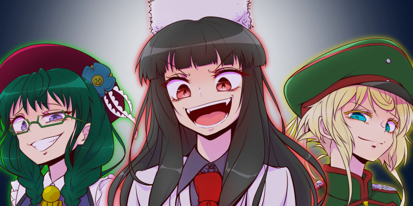 3girls, alucard_(hellsing), aqua_eyes, beret, black_hair, blonde_hair, blunt_bangs, braid, commentary, crossover, epaulettes, fur_hat, girlycard, glasses, green-framed_eyewear, green_eyes, green_headwear, grin, hat, hat_ornament, hellsing, hellsing:_the_dawn, highres, long_hair, military, military_uniform, multiple_girls, necktie, open_mouth, outline, peaked_cap, prelati_(symphogear), purple_eyes, rape_face, rectangular_eyewear, red_headwear, red_necktie, senki_zesshou_symphogear, sidelocks, smile, tanya_degurechaff, trait_connection, twin_braids, uneven_eyes, ushanka, v-shaped_eyebrows, white_headwear, yonedatomo_mizu, youjo_senki