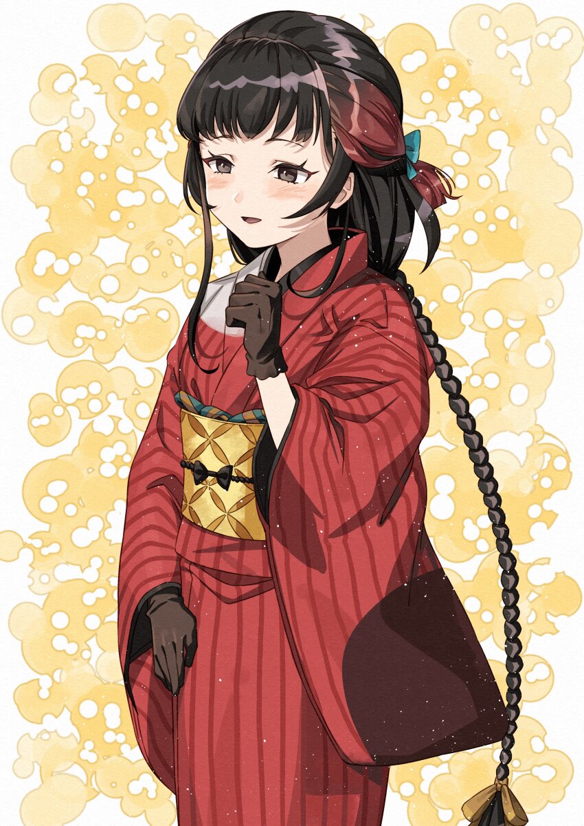 1girl, absurdres, black_eyes, black_hair, blush, braid, brown_gloves, gloves