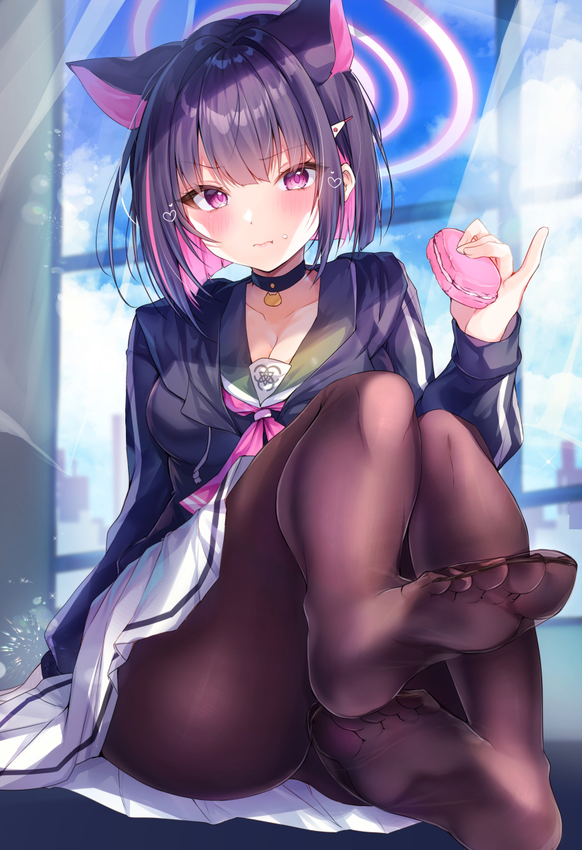 1girl, absurdres, animal_ears, bell, black_hair, black_hoodie, blue_archive, blush