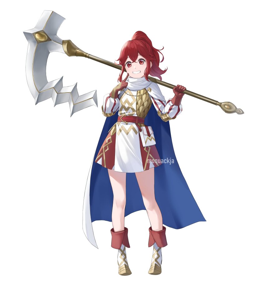 1girl, absurdres, alternate_costume, anna_(fire_emblem), anna_(fire_emblem_engage), anna_(fire_emblem_heroes), armor, artist_name, axe, cape, commission, crossed_bangs, dress, fire_emblem, fire_emblem_engage, fire_emblem_heroes, full_body, gloves, highres, holding, holding_axe, index_finger_raised, long_hair, looking_at_viewer, moja_(rainpoow), nintendo, ponytail, red_eyes, red_gloves, red_hair, scale_armor, smile, solo, teeth, white_background