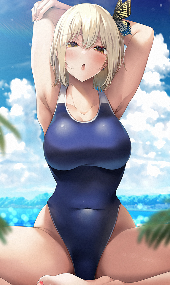 1girl, :o, armpits, arms_up, asakura_ageha, bare_arms, bare_shoulders, barefoot
