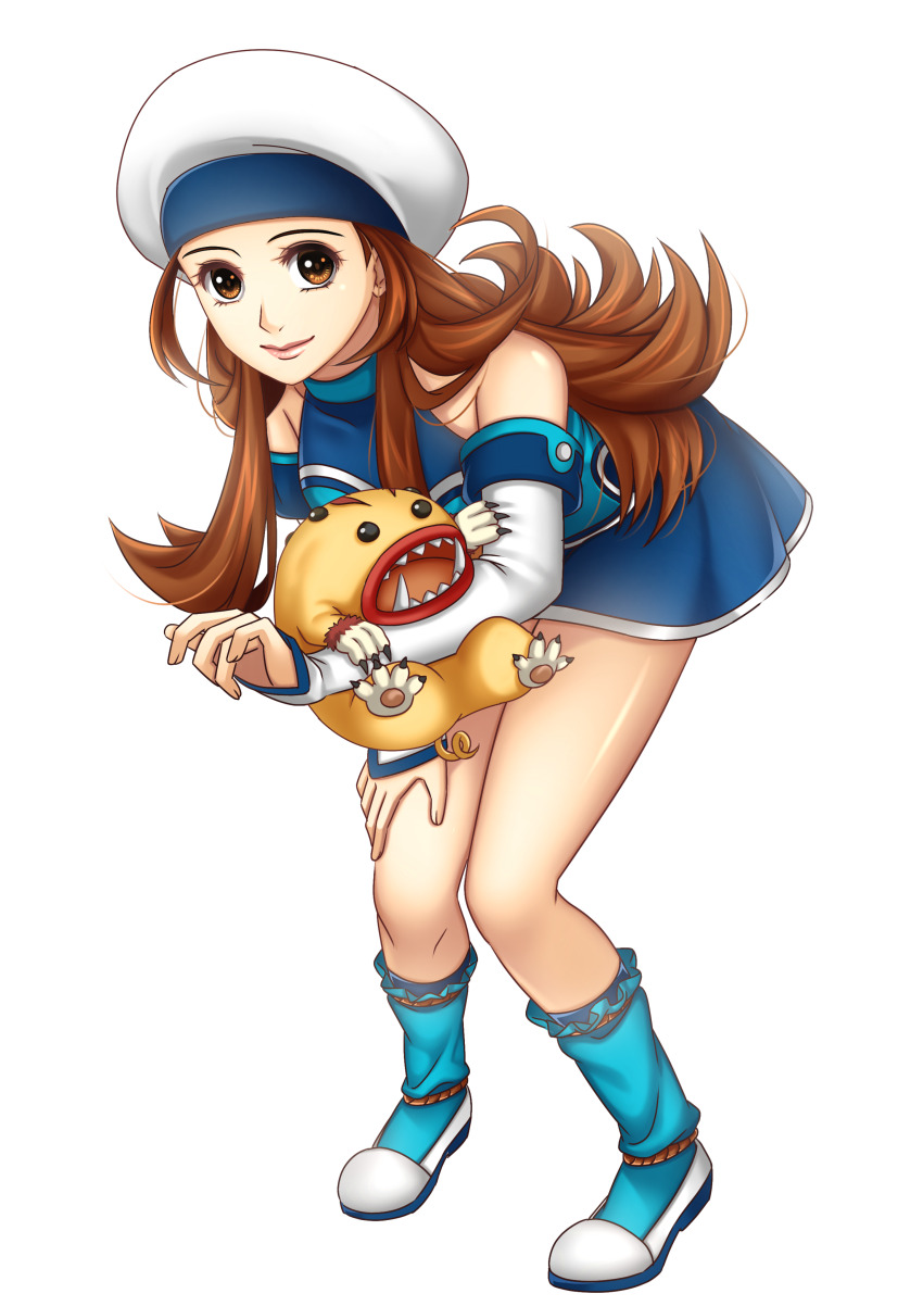 1girl, absurdres, blue_dress, blue_socks, bonaparte_(suikoden), breasts, brown_eyes, brown_hair
