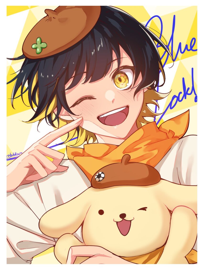 1boy, animal, bachira_meguru, bandana, bandana_around_neck, beret, black_hair, blonde_hair, blue_lock, brown_headwear, colored_inner_hair, copyright_name, crossover, dog, hand_up, hat, highres, looking_at_viewer, male_focus, multicolored_hair, one_eye_closed, open_mouth, orange_bandana, pompompurin, sanrio, shirt, short_hair, smile, tsukky, twitter_username, upper_body, white_shirt, yellow_background, yellow_eyes