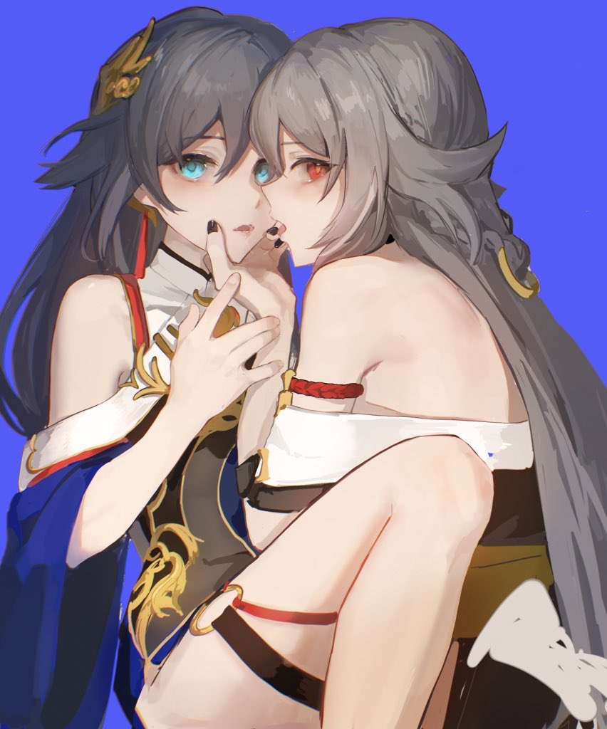 2girls, after_kiss, bare_shoulders, black_nails, blue_background, blue_eyes, fu_hua, fu_hua_(azure_empyrea), herrscher_of_sentience, grey_hair, hair_ornament, hand_on_another's_face, honkai_(series), honkai_impact_3rd, kiss, kuliukunkunkunkunkunkunkun, long_hair, looking_at_viewer, multiple_girls, nail_polish, red_eyes, saliva, saliva_trail, thigh_strap, yuri