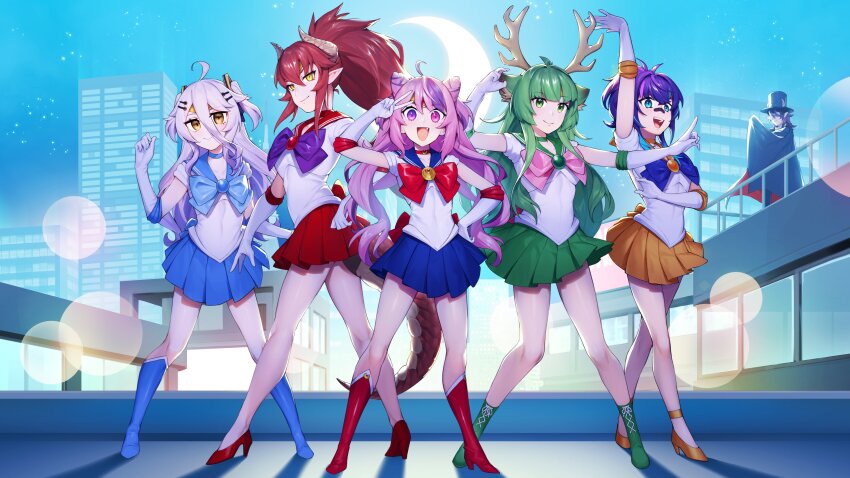 1boy, 5girls, absurdres, ahoge, animal_ears, antlers, bishoujo_senshi_sailor_moon, blue_eyes