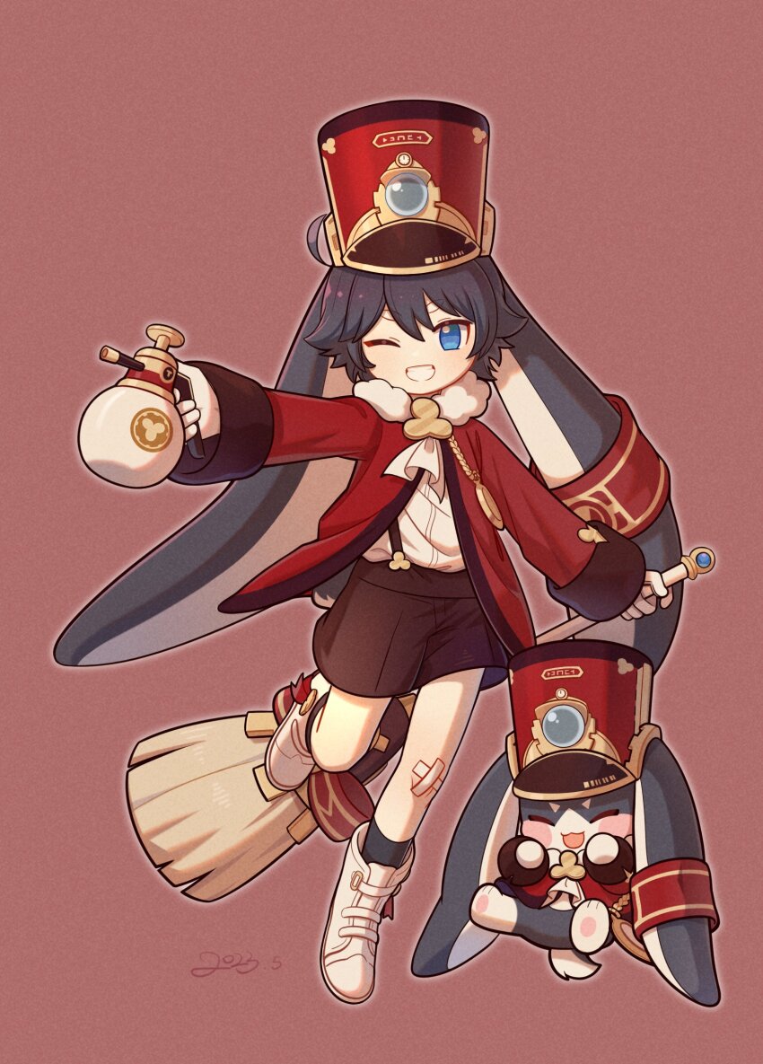 1girl, animal_ears, black_hair, blue_eyes, blush, full_body, hat, highres, honkai:_star_rail, honkai_(series), humanization, jacket, long_jacket, long_sleeves, looking_at_viewer, lop_rabbit_ears, one_eye_closed, pom-pom_(honkai:_star_rail), rabbit_ears, red_headwear, shako_cap, shuangfeng, smile, standing, standing_on_one_leg, tied_jacket