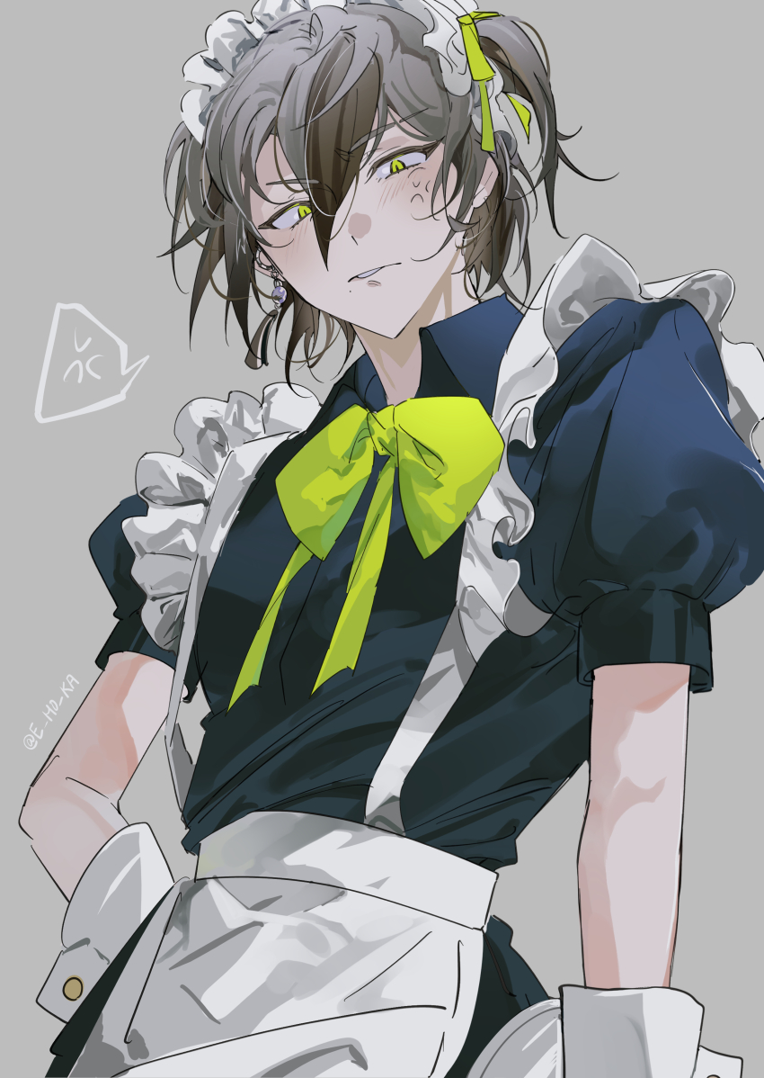 1boy, absurdres, alternate_costume, anger_vein, apron, black_dress, blush, crossdressing