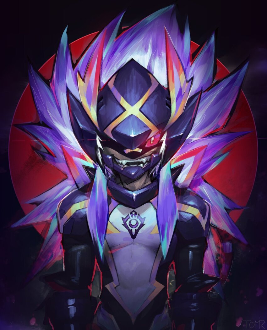 1boy, bandaid, bandaid_on_face, bandaid_on_nose, bertro_(housamo), bodysuit, circle, colored_sclera