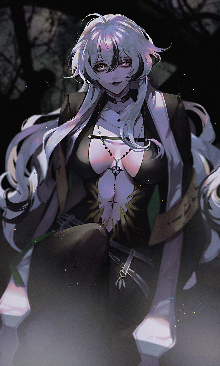 1girl, black_dress, black_hair, breasts, center_opening, cross, dress, highres, large_breasts, light_smile, long_hair, long_sleeves, mamaloni, multicolored_hair, nun, oak_casket_(path_to_nowhere), path_to_nowhere, pink_eyes, solo, tree, white_hair, yellow_eyes