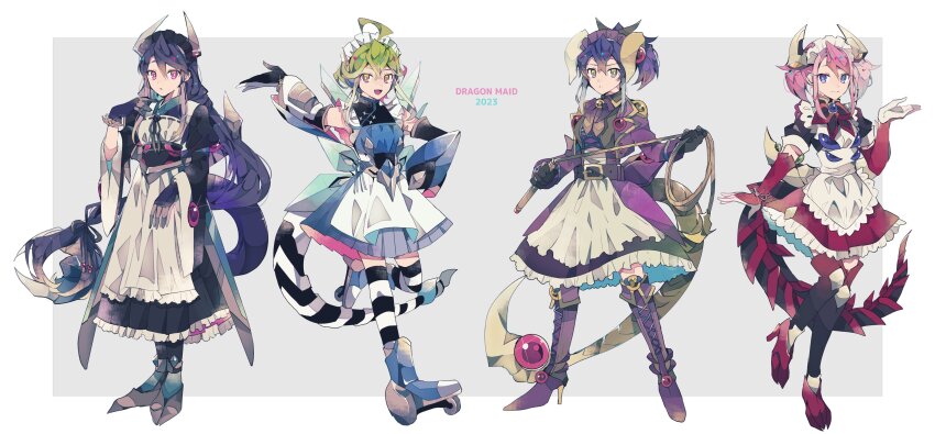4girls, absurdres, ahoge, apron, arm_up, belt, blue_eyes, blue_hair, boots, bracelet_girls, bridal_gauntlets, cosplay, crystal_wing_synchro_dragon, crystal_wing_synchro_dragon_(cosplay), dark_rebellion_xyz_dragon, dark_rebellion_xyz_dragon_(cosplay), detached_sleeves, dragon_horns, dragon_tail, dress, elbow_gloves, frilled_apron, frilled_dress, frills, full_body, gloves, gradient_hair, green_eyes, green_hair, hand_on_own_hip, hand_up, heterochromia, high_heels, highres, hiiragi_yuzu, holding, holding_whip, horns, juliet_sleeves, kurosaki_ruri, long_hair, long_sleeves, maid_apron, maid_headdress, multicolored_eyes, multicolored_hair, multiple_girls, odd-eyes_pendulum_dragon, odd-eyes_pendulum_dragon_(cosplay), open_mouth, pink_hair, puffy_sleeves, purple_eyes, purple_gloves, purple_hair, red_eyes, rin_(yu-gi-oh!), roller_skates, serena_(yu-gi-oh!), simple_background, skates, starving_venom_fusion_dragon, starving_venom_fusion_dragon_(cosplay), striped_clothes, striped_tail, striped_thighhighs, tail, teketeke_(tasutekete), thigh_boots, thighhighs, twintails, white_background, wide_sleeves, yellow_eyes, yu-gi-oh!, yu-gi-oh!_arc-v