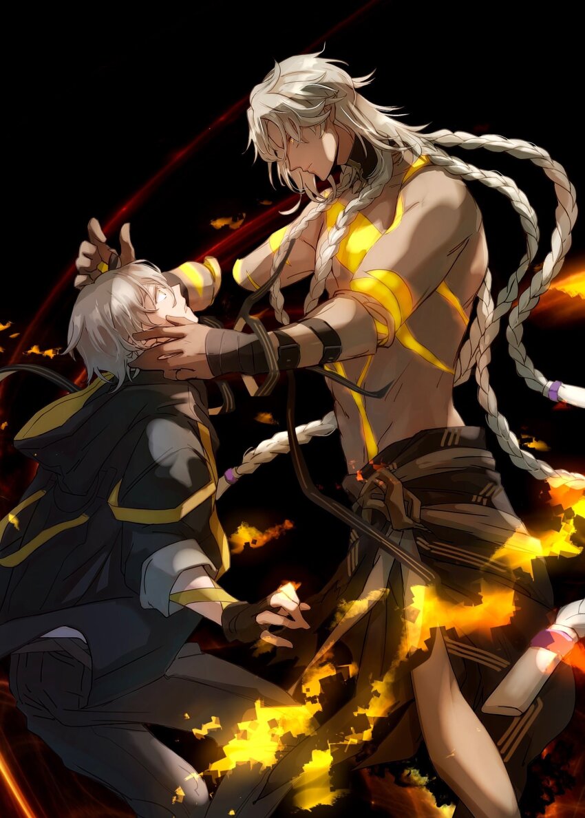 2boys, black_gloves, black_jacket, braid, caelus_(honkai:_star_rail), dark-skinned_male, dark_skin, gloves