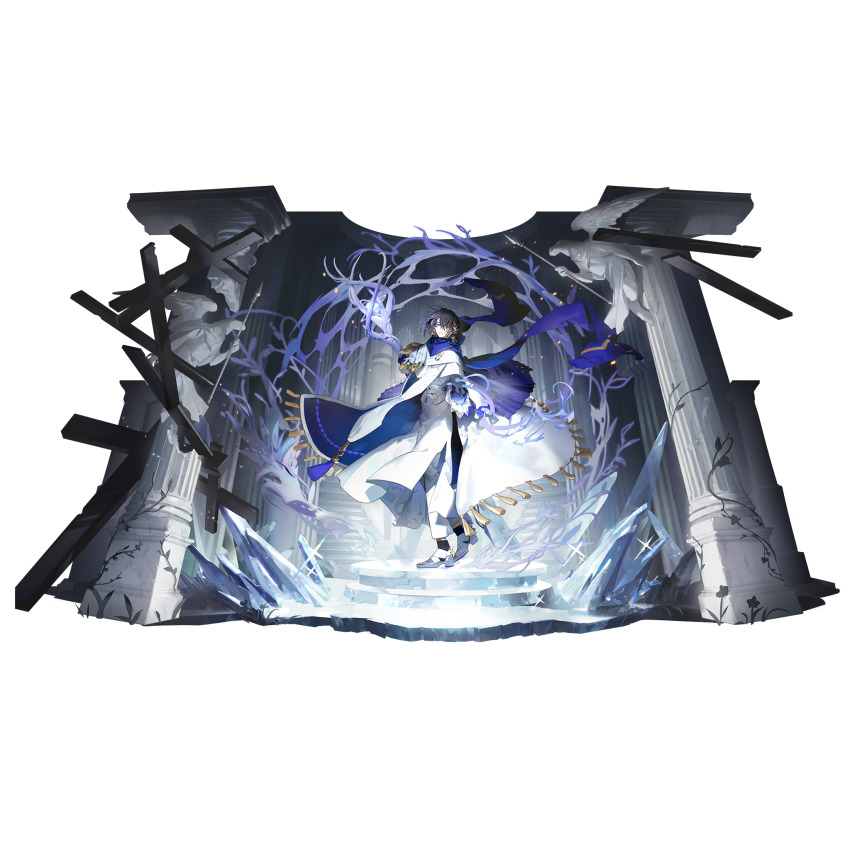 1boy, alchemy_stars, black_socks, blue_eyes, blue_gloves, blue_hair, blue_scarf, bob_cut