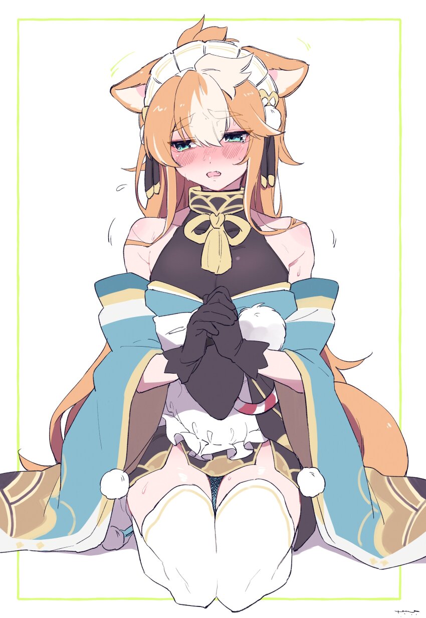 1boy, absurdres, animal_ears, apron, aqua_sleeves, black_gloves, blush, cosplay, crossdressing, crossdressing_(mtf), detached_sleeves, dog_boy, dog_ears, dog_tail, fang, frilled_apron, frills, genshin_impact, gloves, gorou_(genshin_impact), green_eyes, green_kimono, highres, hina_(genshin_impact), hina_(genshin_impact)_(cosplay), homare_(g_hmr88), japanese_clothes, kimono, long_hair, long_sleeves, looking_at_viewer, maid_apron, maid_headdress, male_focus, orange_hair, pom_pom_(clothes), sitting, tail, thighhighs, trap, waist_apron, white_apron, white_hair, white_thighhighs, wide_sleeves