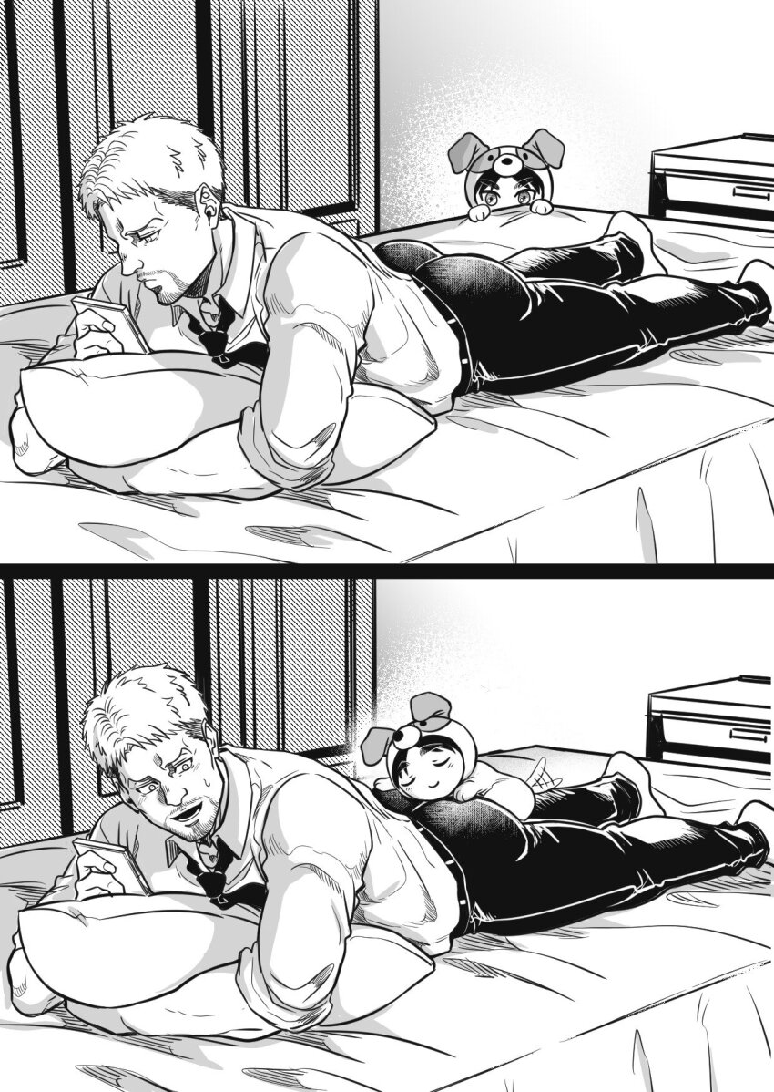 2boys, age_difference, animal_costume, ass, bara, bed, bedroom, belt, chibi, closed_eyes, collared_shirt, eren_yeager, facial_hair, greyscale, happy_sex, highres, holding, looking_at_another, lying, male_focus, monochrome, multiple_boys, muscular, muscular_male, necktie, on_bed, on_stomach, open_mouth, pants, reiner_braun, shingeki_no_kyojin, shirt, short_hair, shota, siaofong, sleeping, sleeping_on_person, sleeves_rolled_up, smile, yaoi