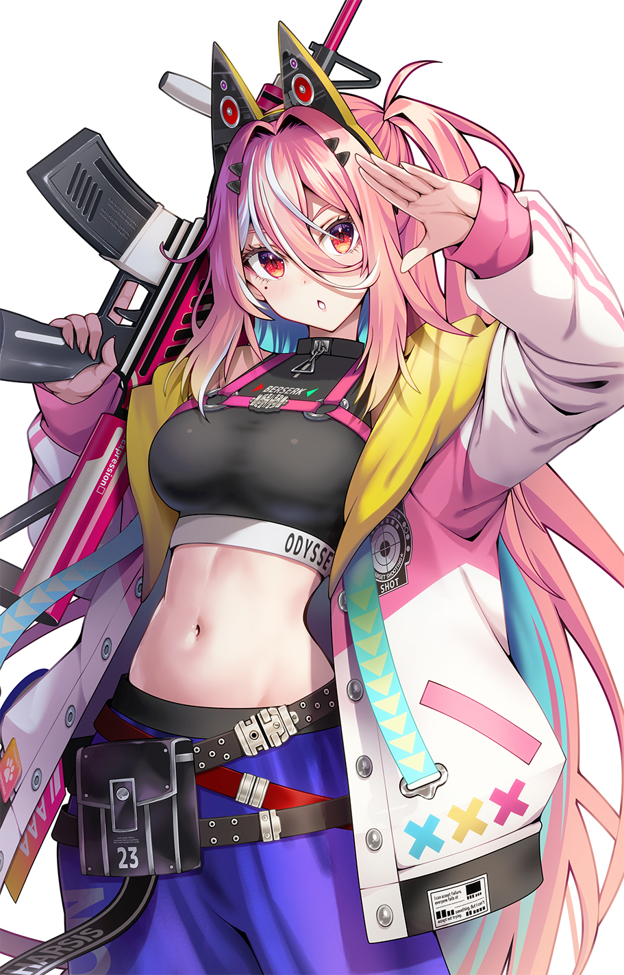 1girl, :o, animal_ears, aria_synth, arms_up, belt, belt_pouch, black_belt