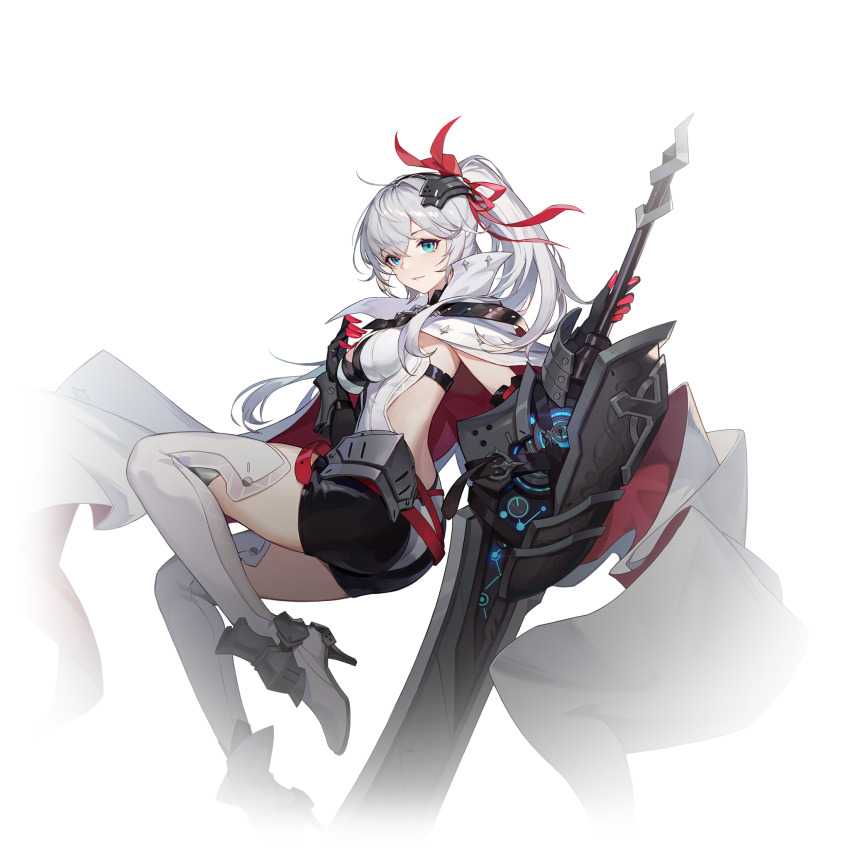 1girl, blue_eyes, breasts, cape, eupheria, gloves, higan:_eruthyll, high_ponytail, highres, holding, holding_weapon, long_hair, looking_at_viewer, medium_breasts, multicolored_cape, official_art, ponytail, red_cape, shorts, solo, thighhighs, transparent_background, weapon, white_cape, white_hair, white_thighhighs