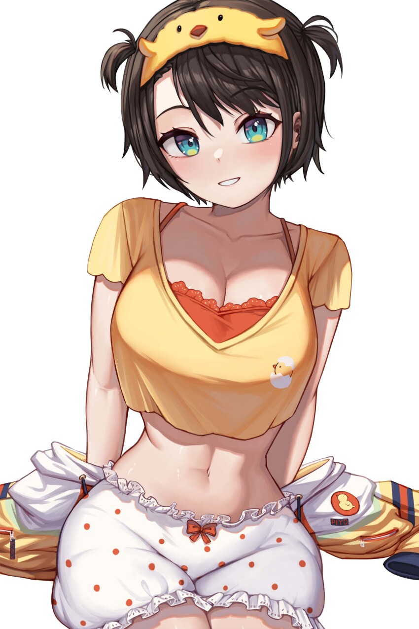 1girl, absurdres, ahaha_kun, black_hair, bloomers, blue_eyes, blush, bra, bra_peek, breasts, cleavage, collarbone, crop_top, cropped_shirt, hairband, highres, hololive, jacket, large_breasts, looking_at_viewer, multicolored_jacket, navel, official_alternate_costume, oozora_subaru, oozora_subaru_(loungewear), orange_bra, polka_dot, shirt, short_hair, short_sleeves, smile, solo, swept_bangs, two_side_up, underwear, virtual_youtuber, white_bloomers, white_jacket, yellow_hairband, yellow_jacket, yellow_shirt