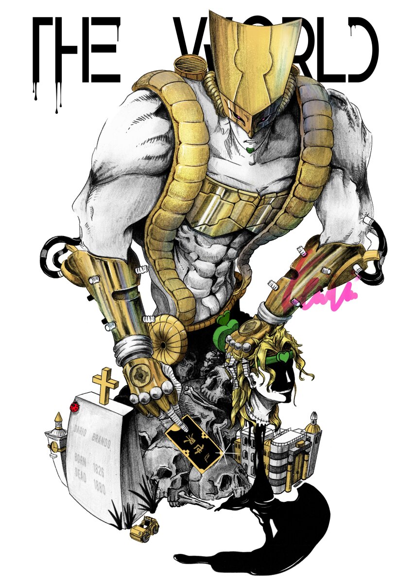 1boy, abs, absurdres, black_blood, blonde_hair, blood, cable, character_name, collarbone, cross, dio_brando, english_text, heart, highres, holding_detached_head, jojo_no_kimyou_na_bouken, kurobameiyos, looking_at_viewer, male_focus, muscular, oxygen_tank, red_eyes, scar, scar_on_neck, severed_head, simple_background, smile, stand_(jojo), stardust_crusaders, the_world_(stand), tombstone, upper_body, white_background