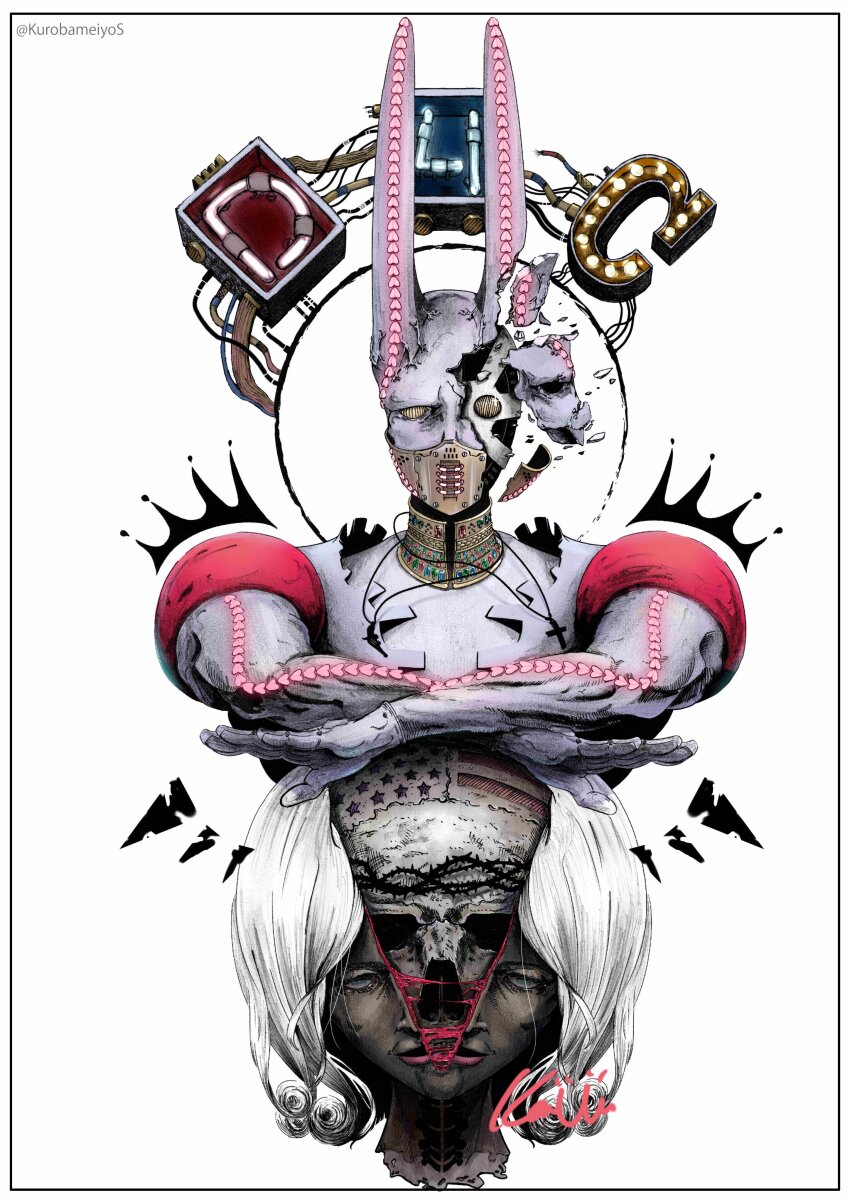 1other, absurdres, american_flag, arrow_(symbol), character_name, crown_of_thorns, curly_hair, dirty_deeds_done_dirt_cheap, funny_valentine, heart, heart_print, highres, jewelry, jojo_no_kimyou_na_bouken, kurobameiyos, long_hair, looking_at_viewer, mask, mouth_mask, necklace, pointy_ears, signature, simple_background, skull, solo, split_head, stand_(jojo), steel_ball_run, upper_body, white_background