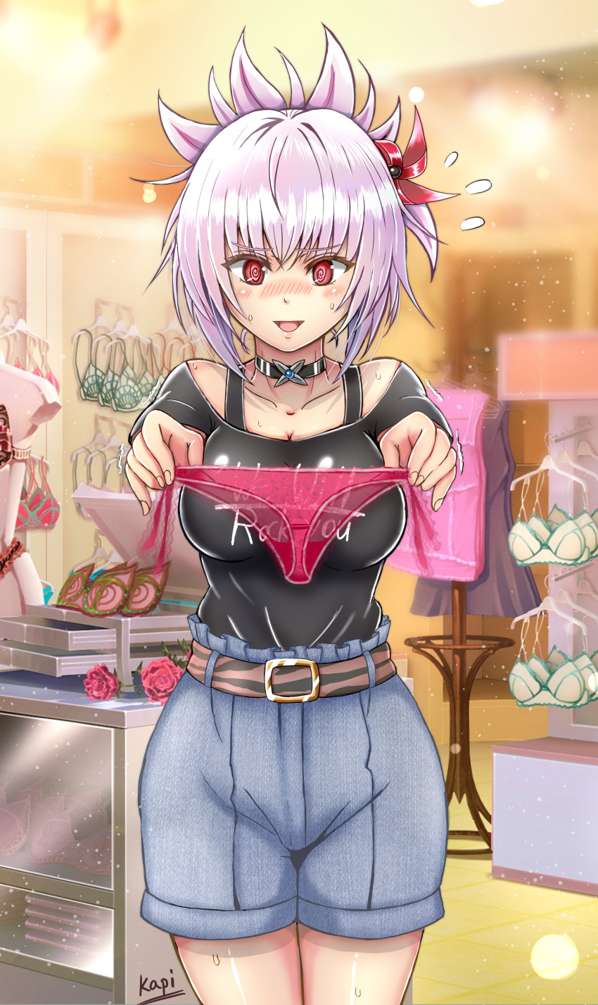 1girl, @_@, absurdres, ayakashi_triangle, belt, big_kapipara, blush, choker, cowboy_shot, genderswap, genderswap_(mtf), hair_ornament, highres, holding, holding_unworn_clothes, holding_panties, holding_underwear, kazamaki_matsuri, kazamaki_matsuri_(female), lingerie, panties, pinwheel, pinwheel_hair_ornament, red_eyes, shorts, solo, thong, trembling, underwear