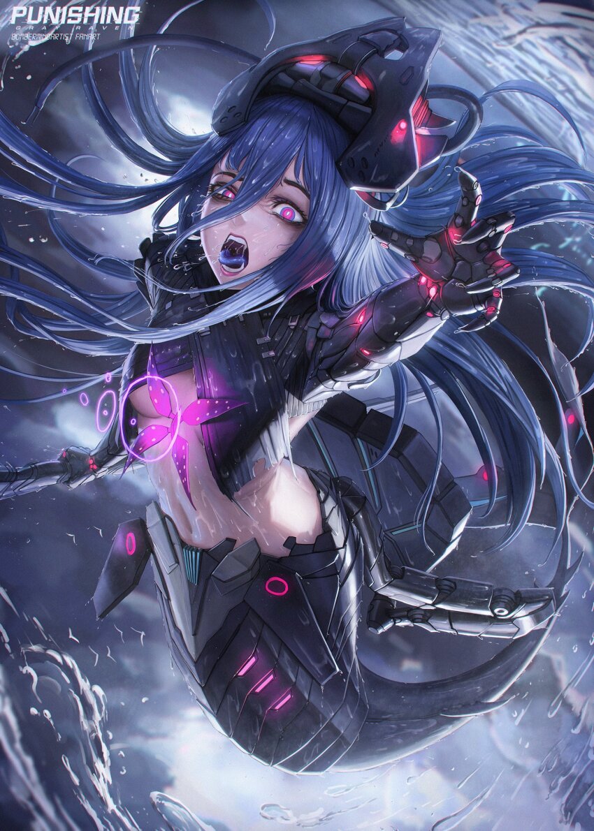 1girl, bags_under_eyes, black_hair, black_tail, blue_tongue, bomberminda, single_breast_curtain, colored_tongue