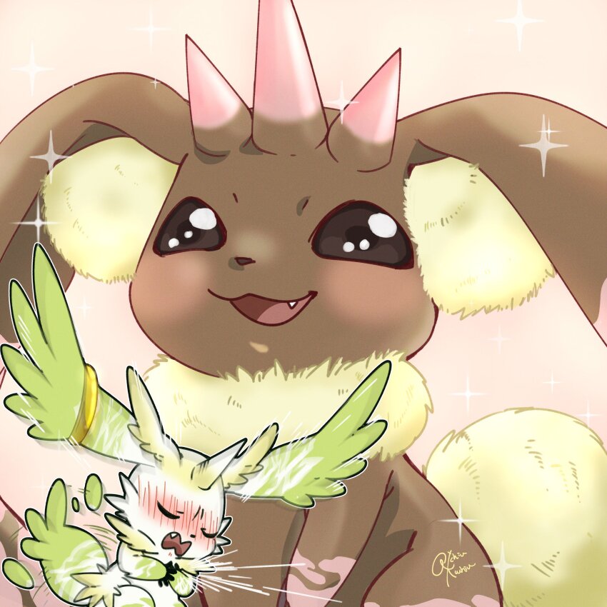 2others, blush, closed_eyes, digimon, digimon_(creature), highres, horns, lopmon
