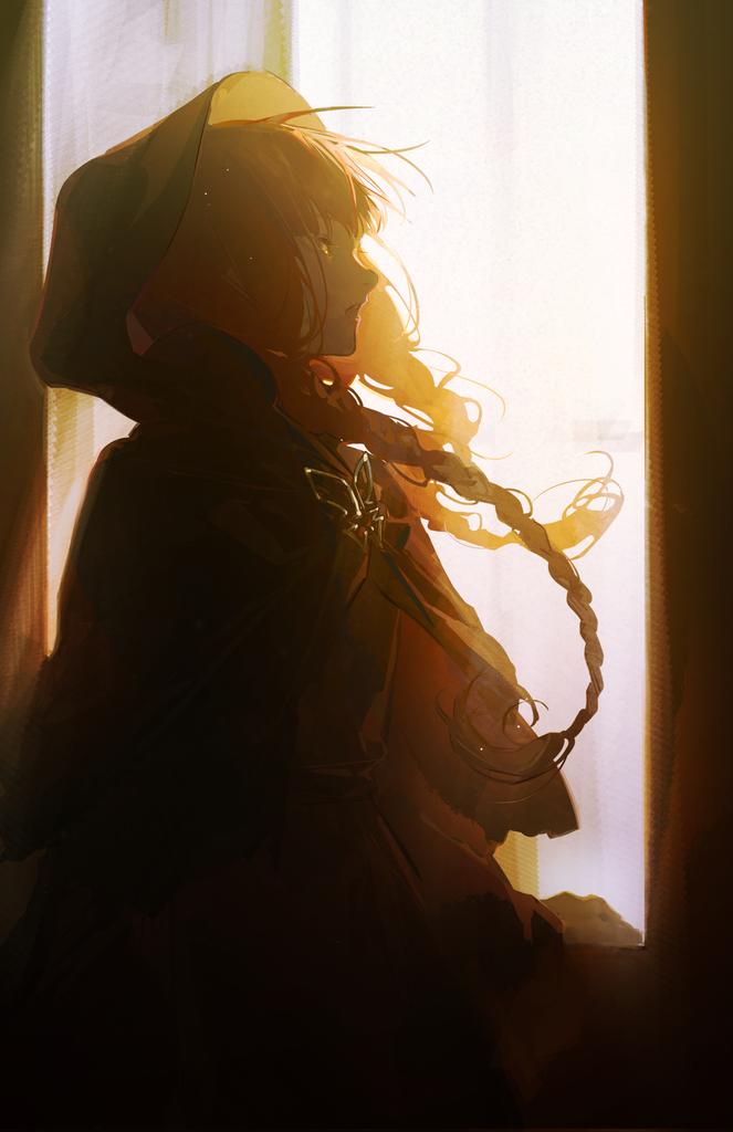 1girl, black_dress, braid, brooch, butterfly_brooch, cloak, cowboy_shot, day