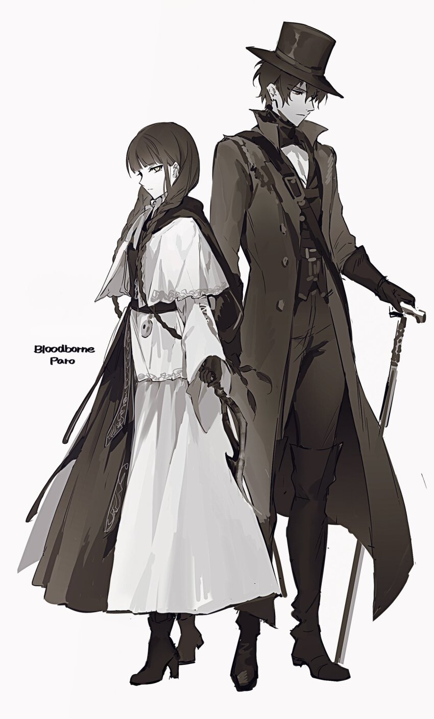 1boy, 1girl, arashiko_falcom, bloodborne, blunt_bangs, boots, braid, cane, capelet, coat, copyright_name, cosplay_request, dress, fata_morgana_no_yakata, frown, full_body, gloves, hair_over_shoulder, hat, high_heel_boots, high_heels, highres, holding, holding_cane, holding_weapon, jacopo_bearzatti, layered_dress, long_hair, long_sleeves, looking_at_viewer, looking_away, looking_down, monochrome, morgana_(fata_morgana_no_yakata), pants, profile, short_hair, sideways_glance, simple_background, standing, thigh_boots, top_hat, twin_braids, twintails, very_long_hair, vest, weapon