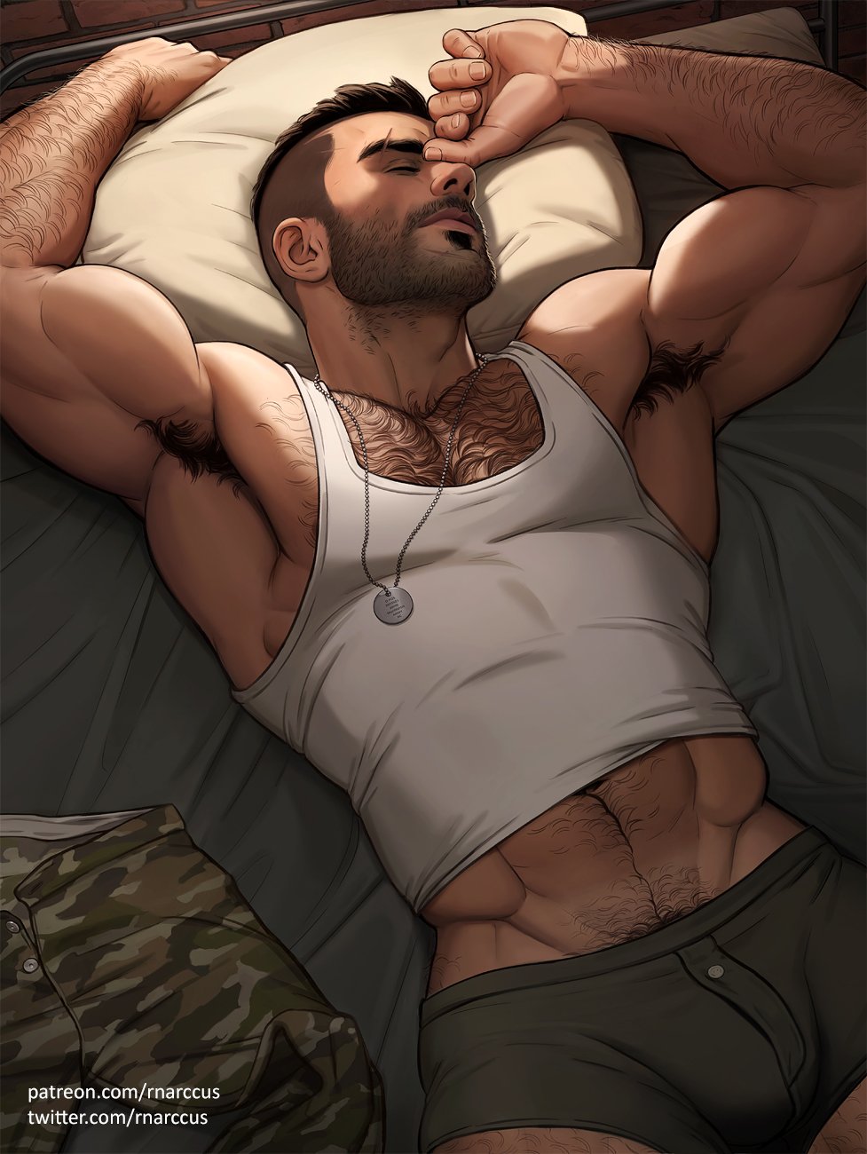 1boy, arm_hair, armpit_hair, armpits, asymmetrical_hair, bara, bed, black_hair