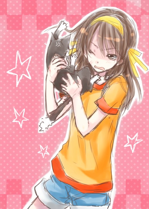 1girl, aged_down, amane0213, brown_eyes, brown_hair, casual, cat, denim, denim_shorts, female_focus, hair_ribbon, hairband, injury, long_hair, orange_shirt, ribbon, scratches, shirt, shorts, sketch, solo, suzumiya_haruhi, suzumiya_haruhi_(young), suzumiya_haruhi_no_yuuutsu, violence, wince