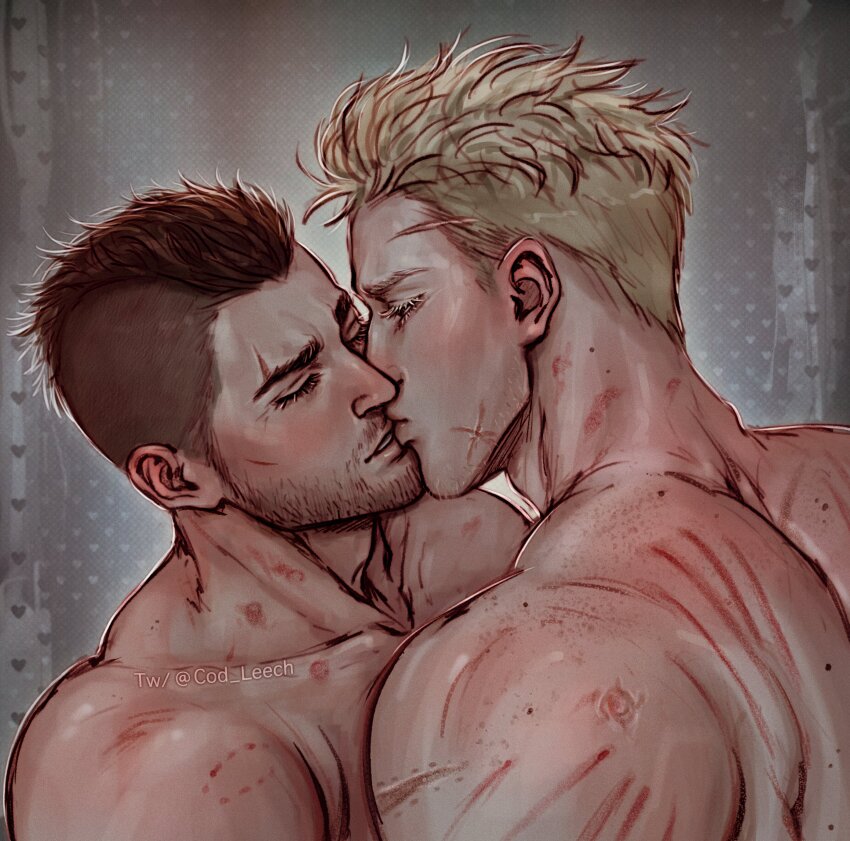 2boys, absurdres, asymmetrical_hair, bara, bite_mark, black_hair, blonde_hair, call_of_duty, call_of_duty:_modern_warfare_2, closed_eyes, cod_leech, couple, facial_hair, ghost_(modern_warfare_2), highres, kiss, male_focus, multiple_boys, muscular, muscular_male, scar, scar_on_face, short_hair, sidecut, soap_(modern_warfare_2), twitter_username, undercut, yaoi