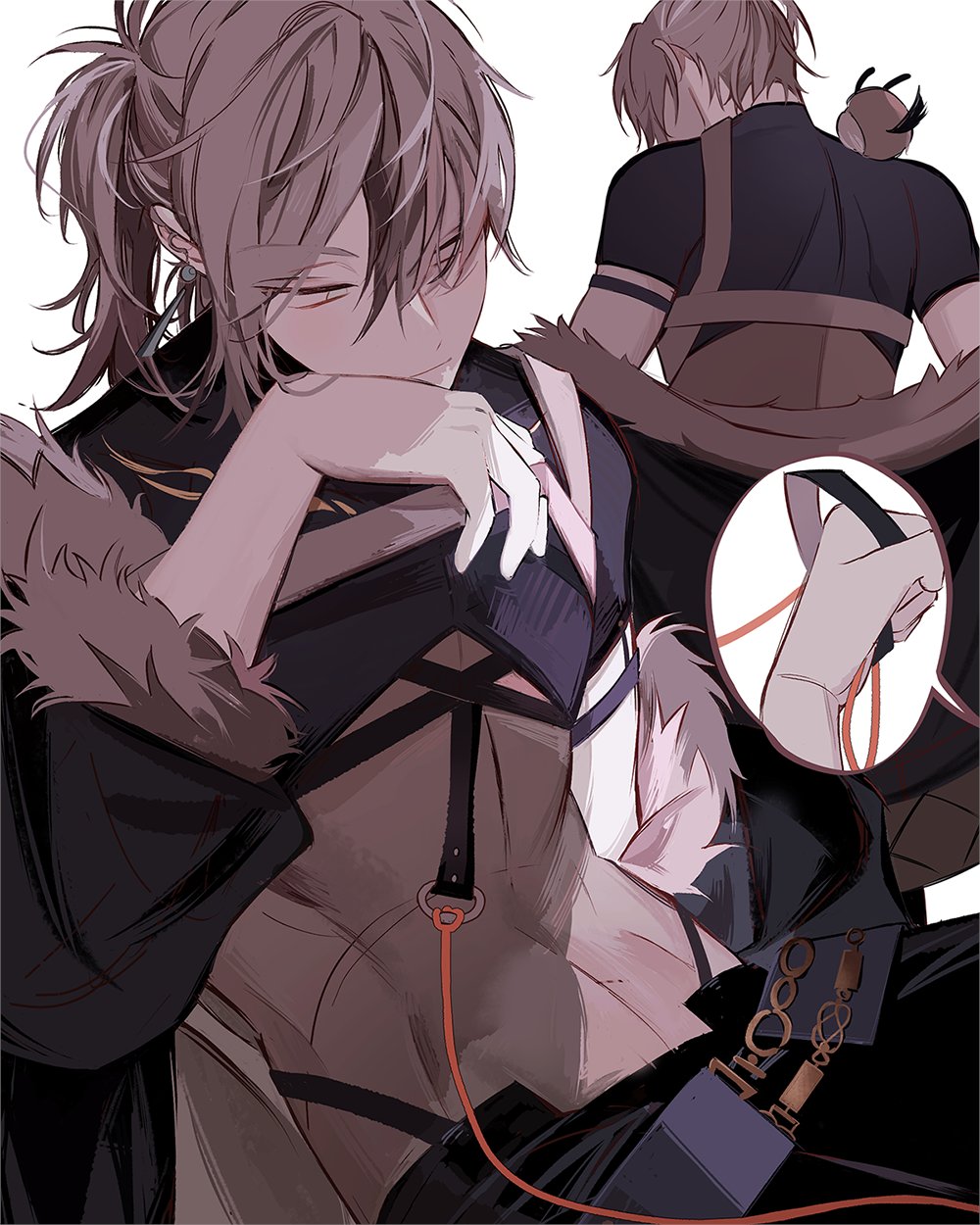 1boy, animal, animal_on_shoulder, asymmetrical_clothes, bird, bird_on_shoulder, bishounen, earrings