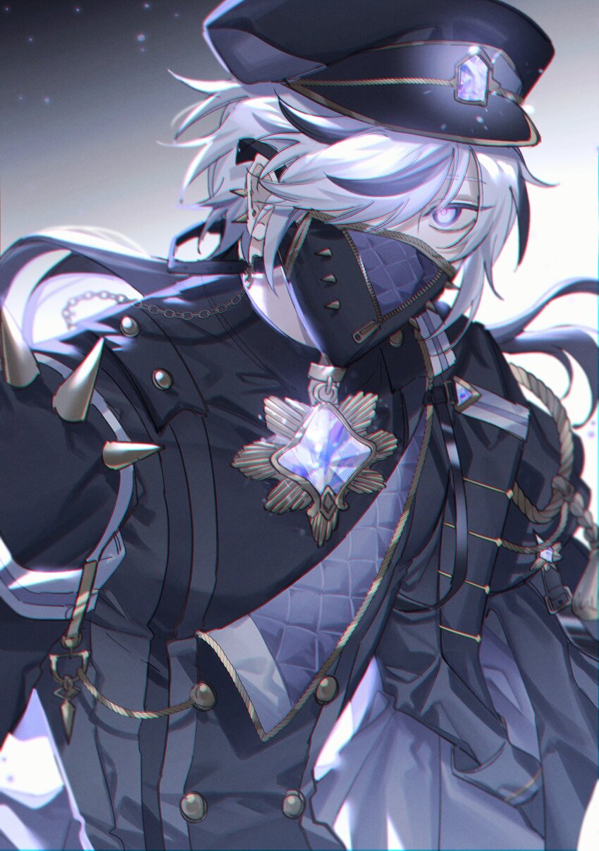 1boy, absurdres, bishounen, black_gloves, black_hair, black_headwear, black_mask, blade_(crystal_awakening)_(nu_carnival)