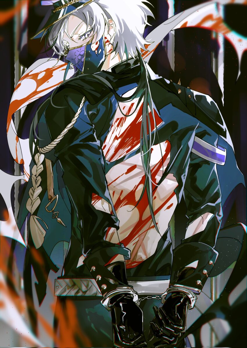 1boy, bishounen, black_gloves, black_hair, blade_(crystal_awakening)_(nu_carnival), blade_(nu_carnival), blood, blood_on_back, blood_on_clothes, blood_splatter, cuffs, e_mo_ka, gloves, grey_eyes, grey_hair, handcuffs, highres, long_sleeves, looking_at_viewer, male_focus, multicolored_hair, nu_carnival, official_alternate_costume, short_hair, streaked_hair, tassel, torn_clothes, white_hair