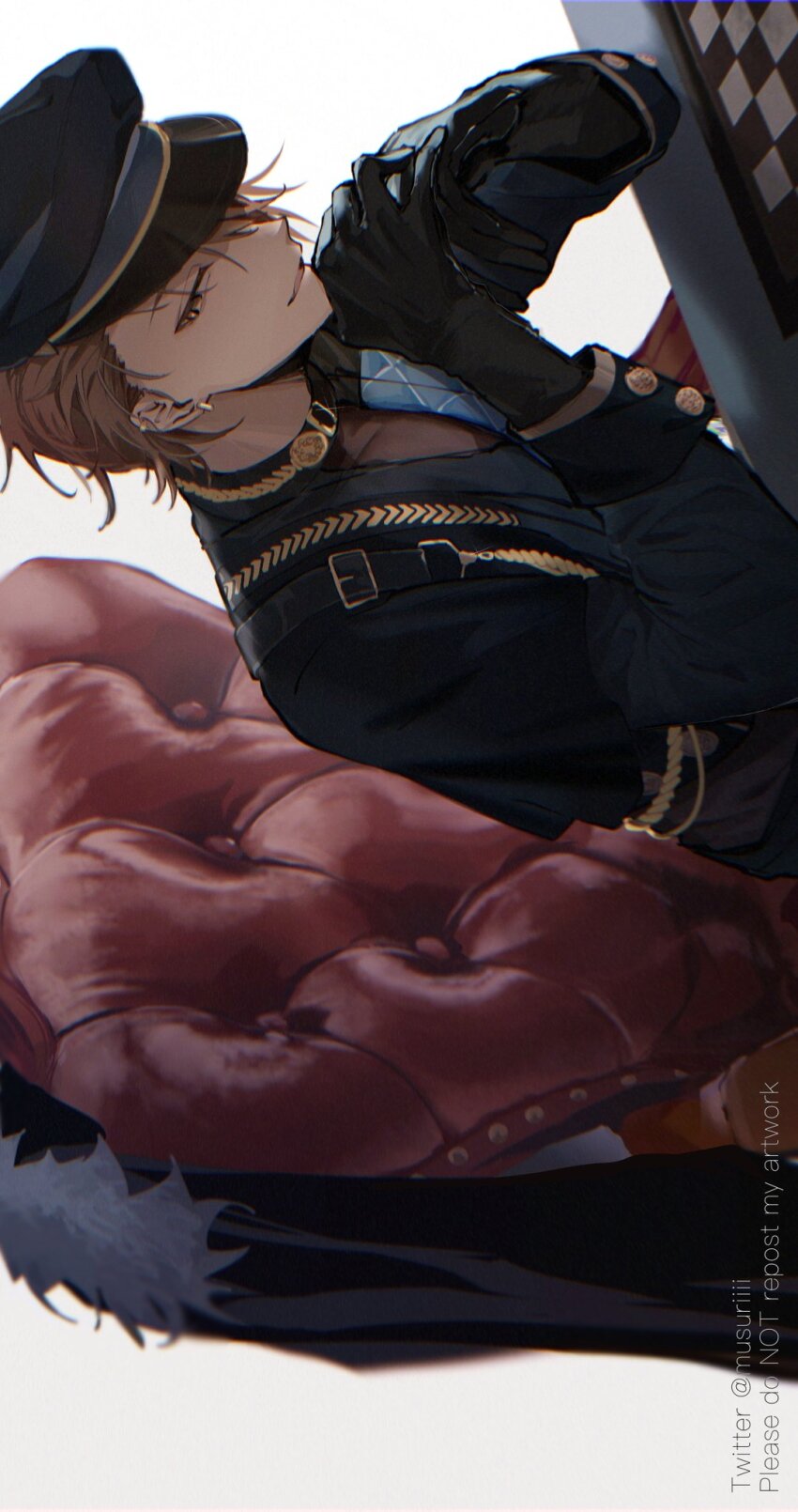 1boy, bishounen, black_gloves, black_headwear, brown_eyes, brown_hair, eiden_(armyxbloodxoath)_(nu_carnival), eiden_(nu_carnival), gloves, highres, light_brown_hair, long_sleeves, looking_at_viewer, male_focus, musuriiii, nu_carnival, short_hair, sideways, smile, solo