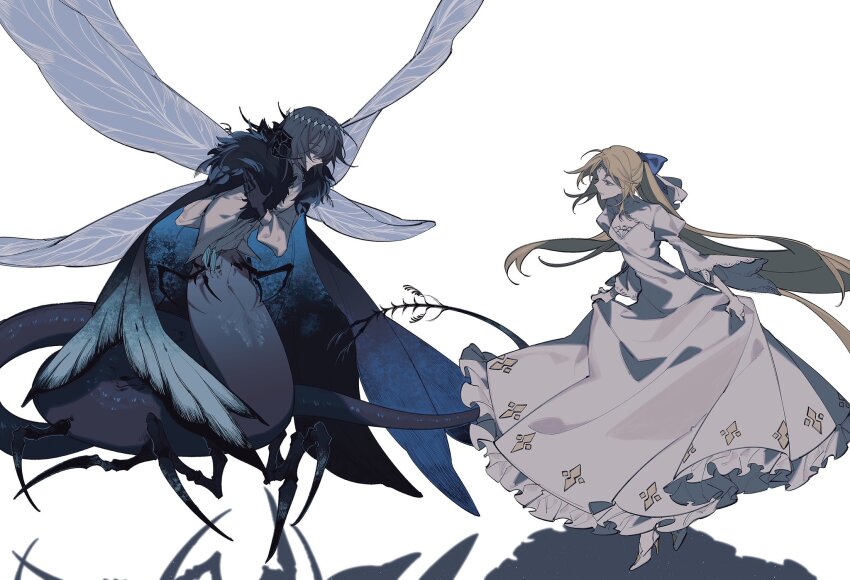1boy, 1girl, acell1224, antennae, arthropod_boy, artoria_caster_(fate), artoria_pendragon_(fate), black_gloves, black_hair, blonde_hair, blue_bow, blue_cape, bow, bowing, cape, cleavage_cutout, clothing_cutout, curtsey, dress, fate/grand_order, fate_(series), frilled_dress, frills, fur-trimmed_cape, fur_trim, gloves, hair_bow, head_wreath, high_heels, highres, holding_own_dress, insect_wings, juliet_sleeves, long_hair, long_sleeves, looking_at_another, monster_boy, monsterification, oberon_(fate), oberon_(third_ascension)_(fate), ponytail, profile, puffy_sleeves, shadow, shirt, short_hair, simple_background, smile, standing, taur, very_long_hair, white_background, white_dress, white_footwear, white_shirt, wide_sleeves, wings